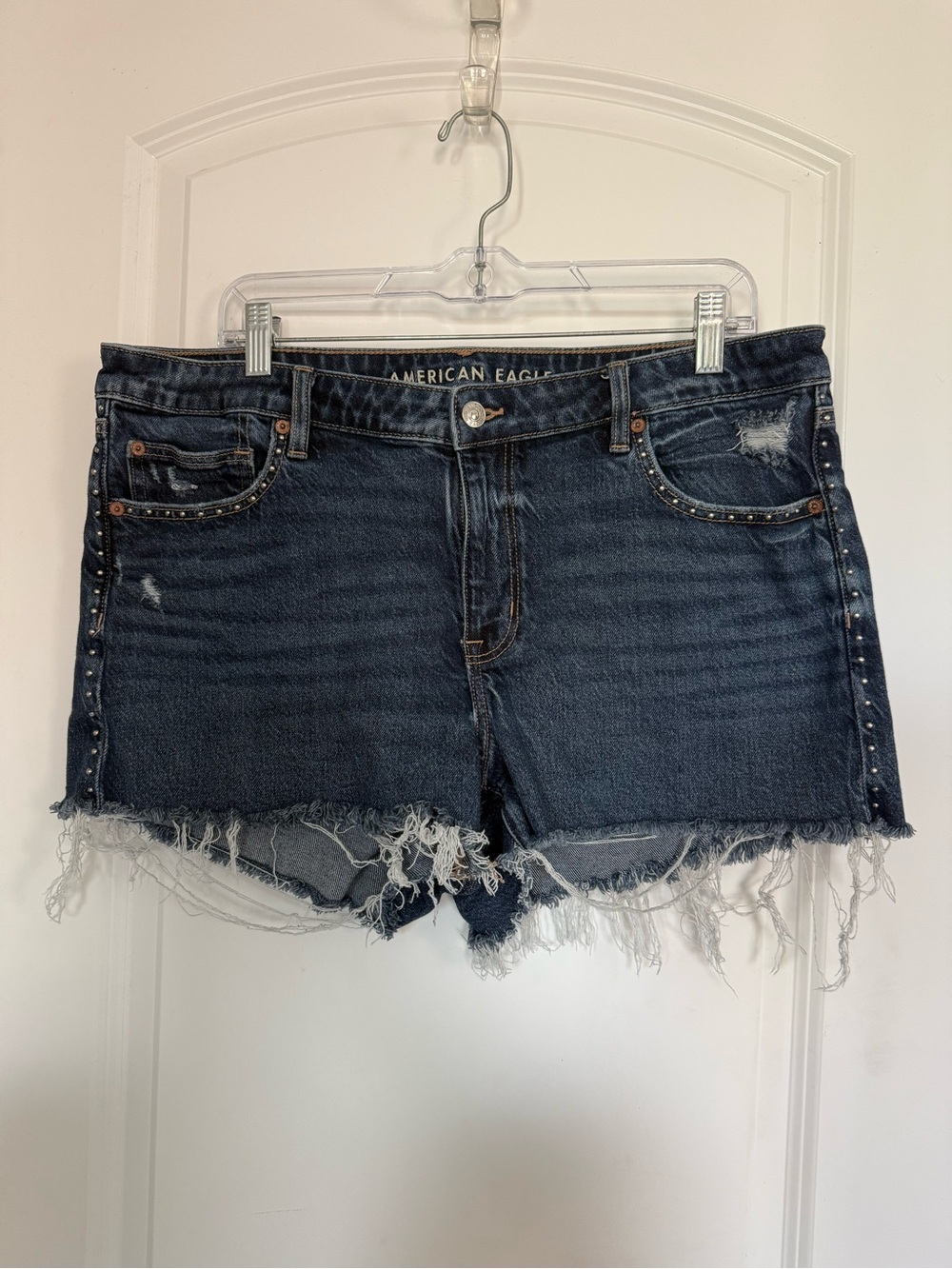 American Eagle Outfitters Dark Indigo Distressed Denim Cutoff Shorts with Studs